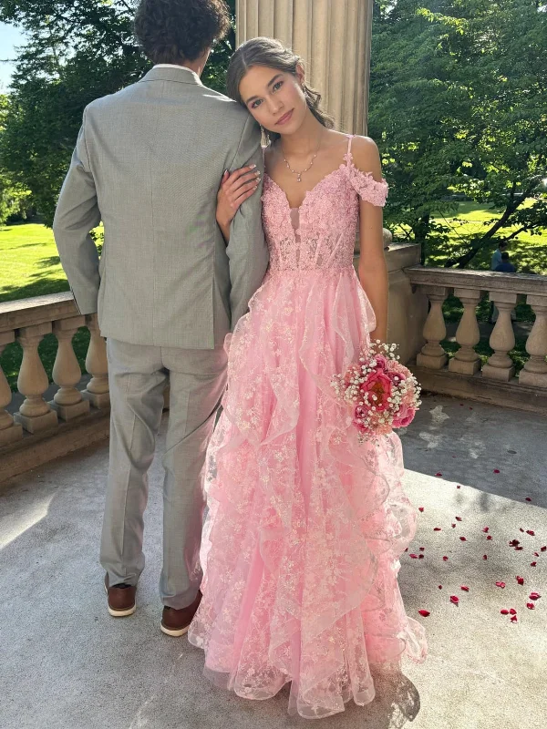 Markdowns vintage-inspired dressvintage-inspired dressOff Shoulder V Neck Fluffy Pink Lace Floral Long Prom Dresses, Pink Lace Formal Dresses, Pink Evening Dresses with Appliques SP3083