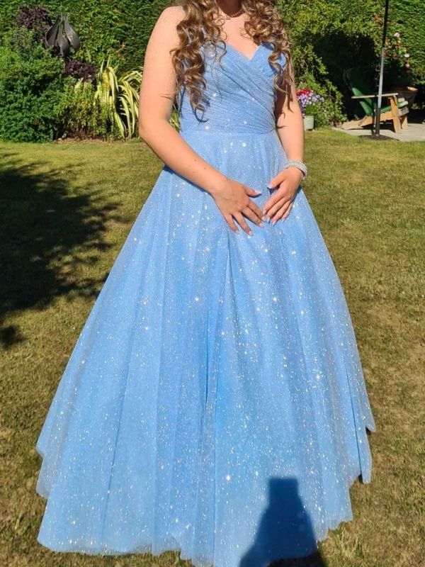 Bargain Prices chic shift dresschic shift dressShiny Tulle Open Back V Neck Blue Long Prom Dresses, Sparkly Blue Tulle Formal Evening Dresses SP2619