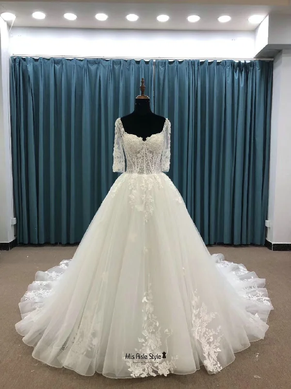 off-shoulder dressHalf Sleeve Sexy Illusion Lace Wedding Dress