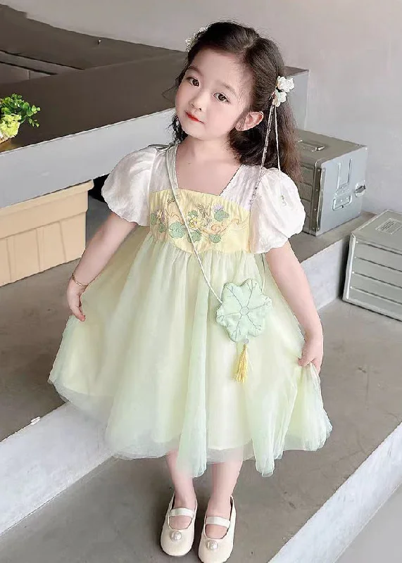 one-shoulder dressCute Light Green Square Collar Patchwork Tulle Kids Long Dresses Short Sleeve