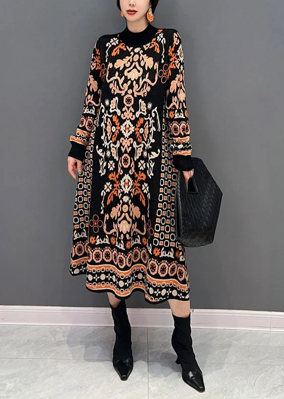 Take Advantage midi dressmidi dressCasual Black O-Neck Print Knit Long Dress Winter