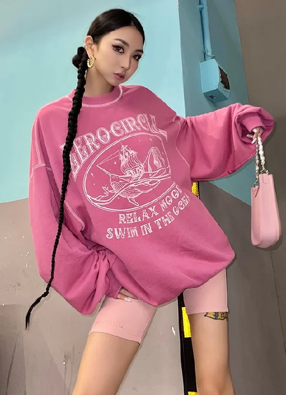 TIME-Limited Offer Zerocircle Ocean Graphic Print Long Sleeve Pink Sweatshirt