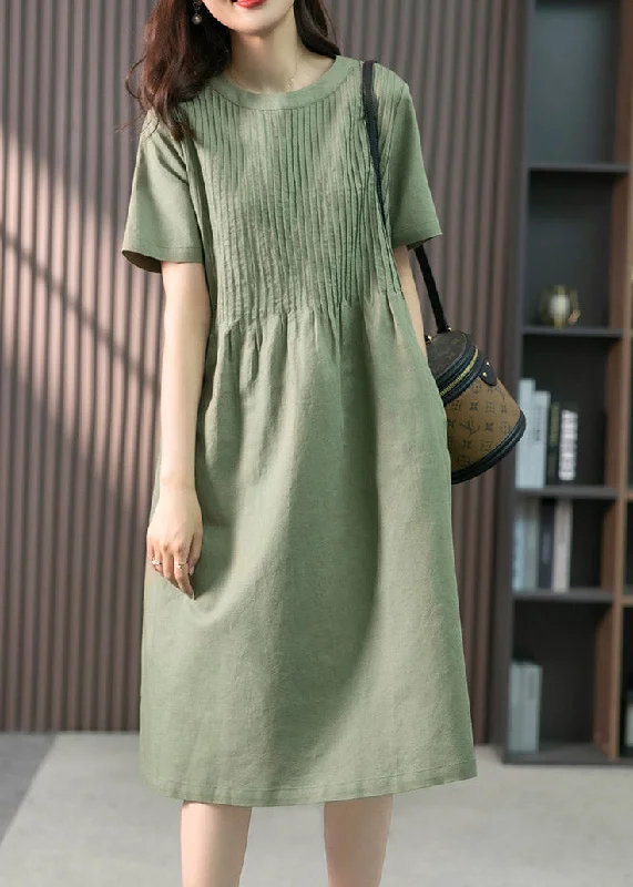 Overstock Sale fitted bodycon dressfitted bodycon dressFrench Green O-Neck Wrinkled Linen Dress Short Sleeve