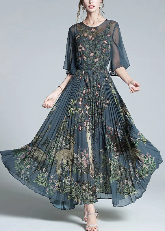 Midnight Sale tiered dresstiered dressFine Blue Grey O Neck Print Wrinkled Silk Long Dresses Summer