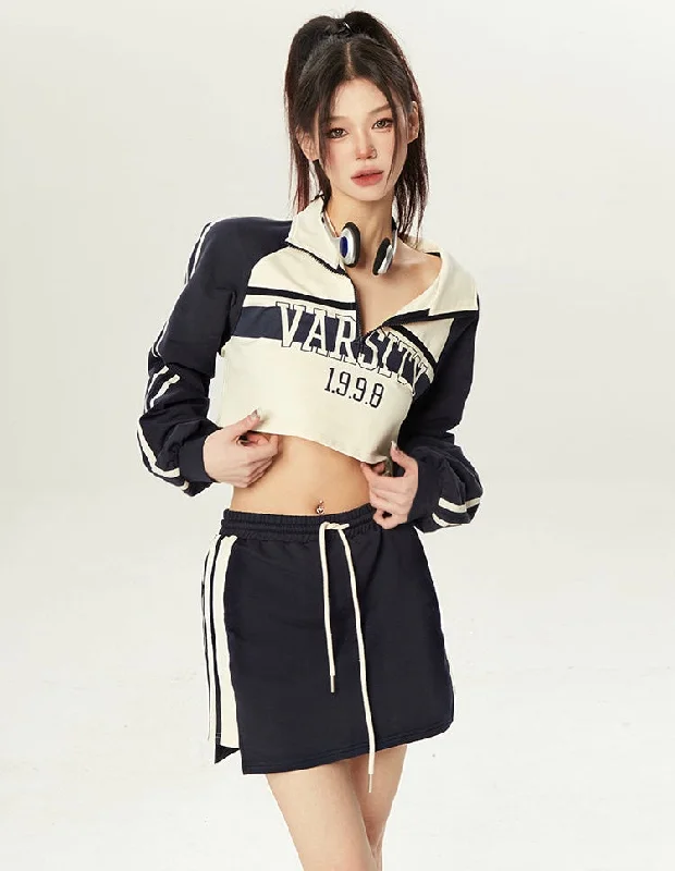 Take Advantage VARSITY 1.9.9.8 Abstract Color Long Sleeve Cropped Sweatshirt Mini Skirt Matching Set