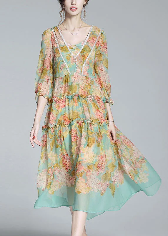 Bargain Bin ruffle dressruffle dressBoho Yellow Green V Neck Print Patchwork Ruffled Maxi Dresses Summer