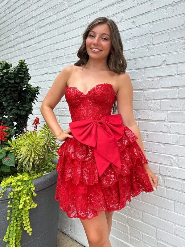 Weekend Deal trendy wrap dresstrendy wrap dressSweetheart Neck Strapless Layered Red Lace Prom Dresses, Red Lace Homecoming Dresses, Short Red Formal Graduation Evening Dresses SP3036