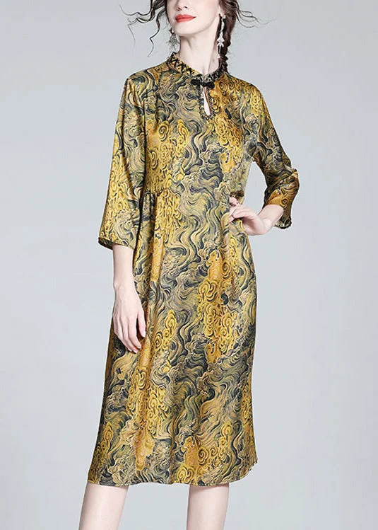 Grand Opening Sale flowy dressflowy dressVintage Yellow Stand Collar Print Button Silk Maxi Dress Summer