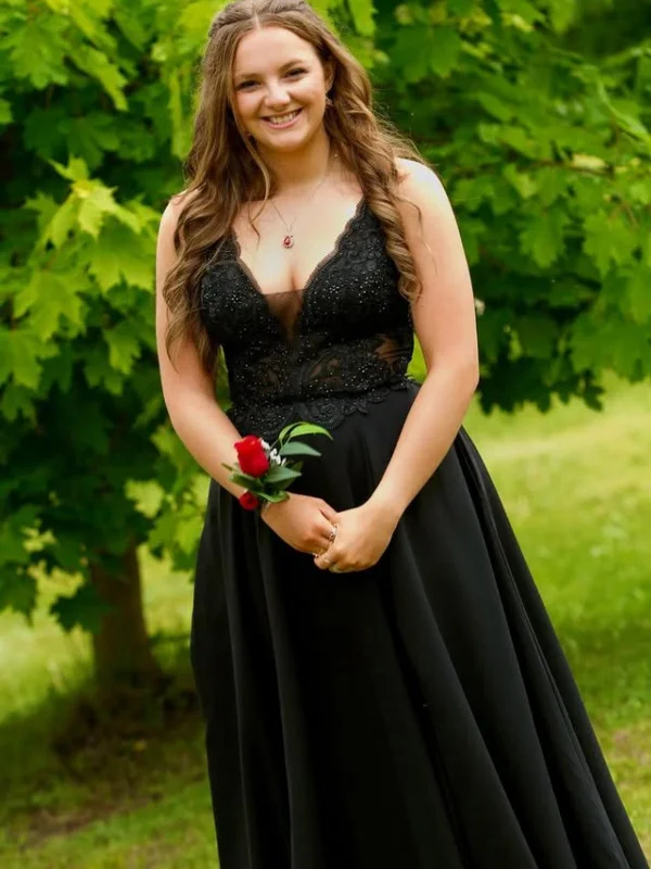 Stock Clearance satin midi dresssatin midi dressA Line V Neck Open Back Black Lace Long Prom Dresses, Black Lace Formal Graduation Evening Dresses SP3106