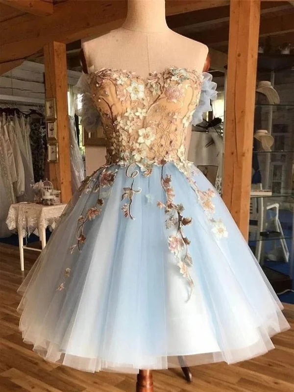 Act Now structured dressstructured dress3D Floral Lace Blue Short Prom Dresses, Blue Lace Formal Graduation Homecoming Dresses