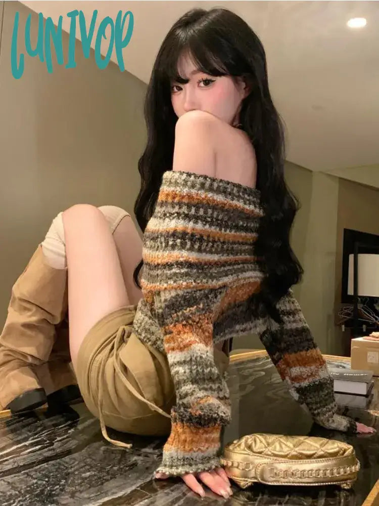 Price Drop Alert Lunivop ptown Y2K Vintage Striped Cropped Sweater Women Harajuku Hip Hop Slim Knitted Jumper Sweet Off Shoulder Pullover Korean Tops
