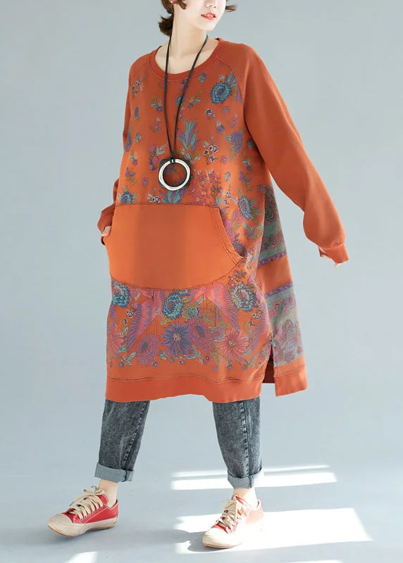 Midnight Sale wool dresswool dressOrganic Orange Pockets Patchwork Print Cotton Dresses Spring