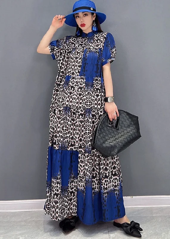 evening dressBohemian Stand Collar Leopard Print Wrinkled Long Dress Short Sleeve