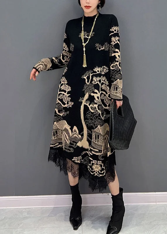 Deal Alert backless dressbackless dressFine Black Stand Collar Asymmetrical Lace Patchwork Print Cotton Dress Spring