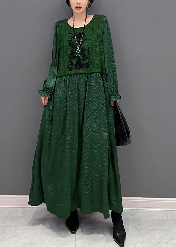 Deep Discounts form-fitting dressform-fitting dressFrench Green O-Neck Patchwork Knit Maxi Dresses Winter