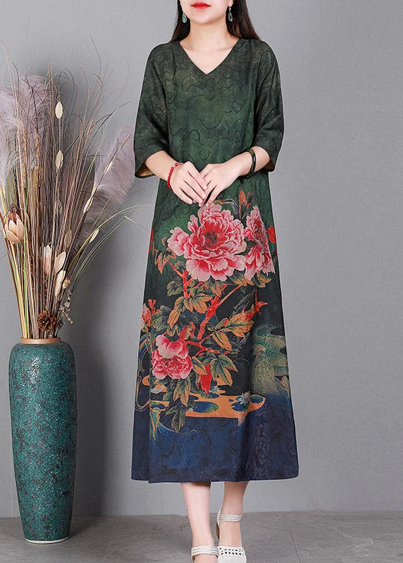 statement dressLoose Green V Neck Print Silk Dresses Half Sleeve