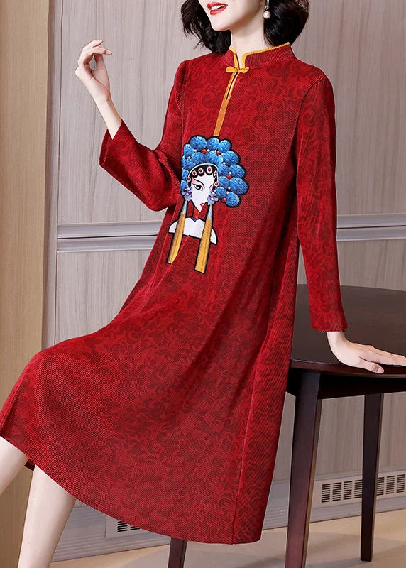 one-shoulder dressRed Stand Collar Print Patchwork Wrinkled Button Maxi Dress Long Sleeve