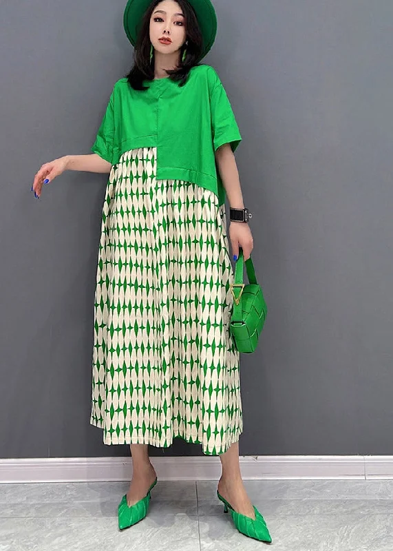 stylish party dressArt Green O-Neck Asymmetrical Patchwork Print Dresses Short Sleeve