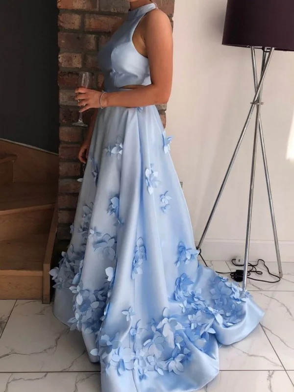 Today’s Deal cocktail dresscocktail dressHigh Neck Two Pieces Blue Prom Dresses Long, 2 Pieces Blue Floral Formal Dresses, Blue Evening Dresses SP2673