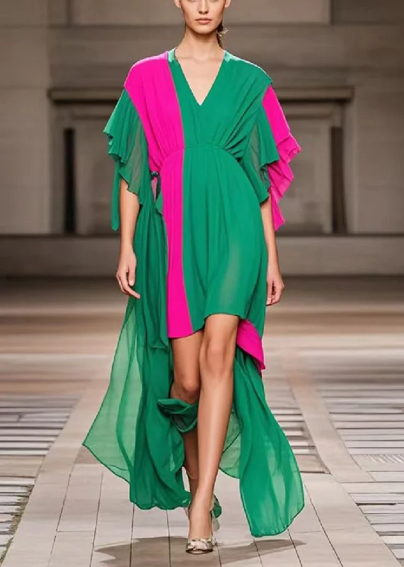 A-line dressPlus Size Green Asymmetrical Patchwork Chiffon Ankle Dress Summer