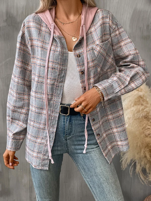 Time-Limited Offer Plaid Long Sleeve Hooded Jacket