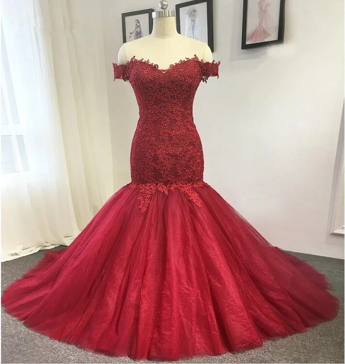 Deal of the Day wool dresswool dressMermaid Off Shoulder Sleeves Burgundy Lace Wedding Dress