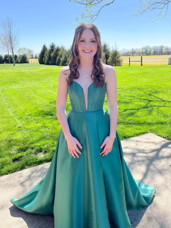 Overstock summer floral dresssummer floral dressStrapless V Neck Green Long Prom Dresses, V Neck Green Formal Dresses, Green Evening Dresses with Train SP2982