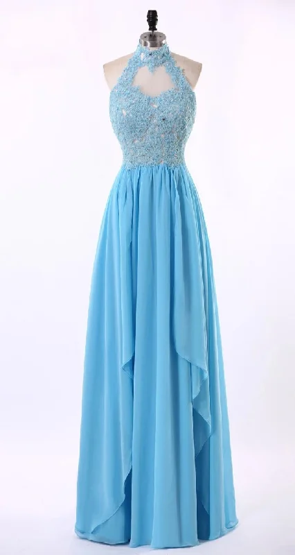 Discount Days chic dresschic dressHalter Neckline Keyhole Back Blue Lace Prom Dress