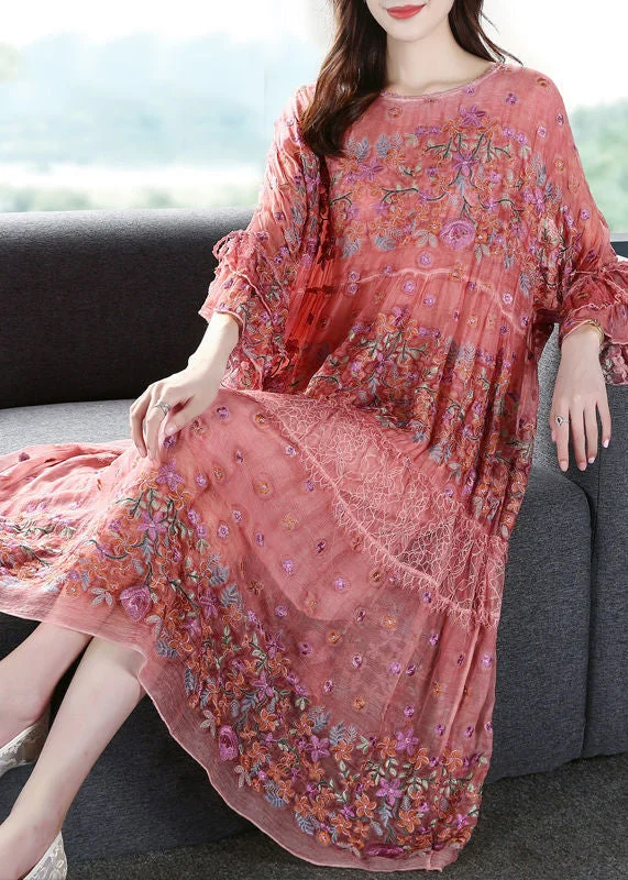 Crazy Deals playful dressplayful dressHandmade Pink Embroideried Oversized Silk Vacation Dresses Flare Sleeve