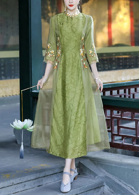 Discount Mania midi dressmidi dressElegant Green Stand Collar Embroideried Button Tulle Silk Dress Long Sleeve