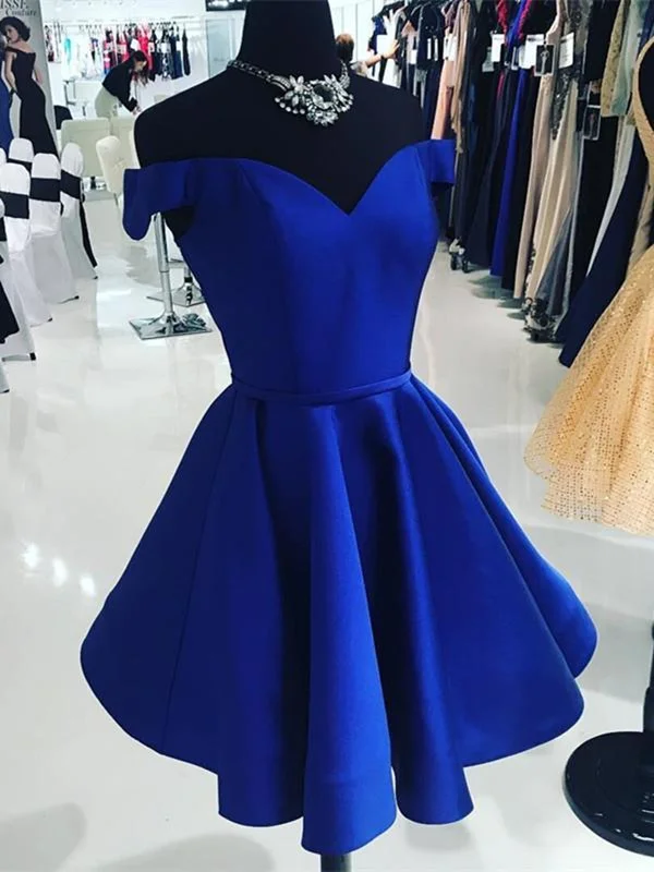 Discount Deals casual slip dresscasual slip dressOff Shoulder Blue Satin Short Prom Dresses, Short Blue Homecoming Dresses, Blue Formal Evening Dresses SP2412