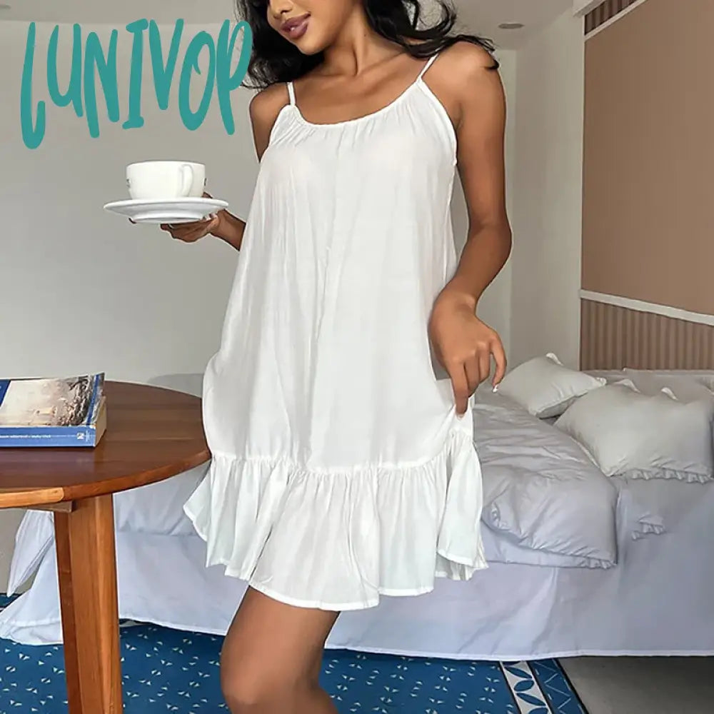 Exclusive Deal Lunivop Sexy Backless White Suspender Short Dress With Ruffles For Women's Home Wear Nightgown Loose Casual Dress Pullover Summer