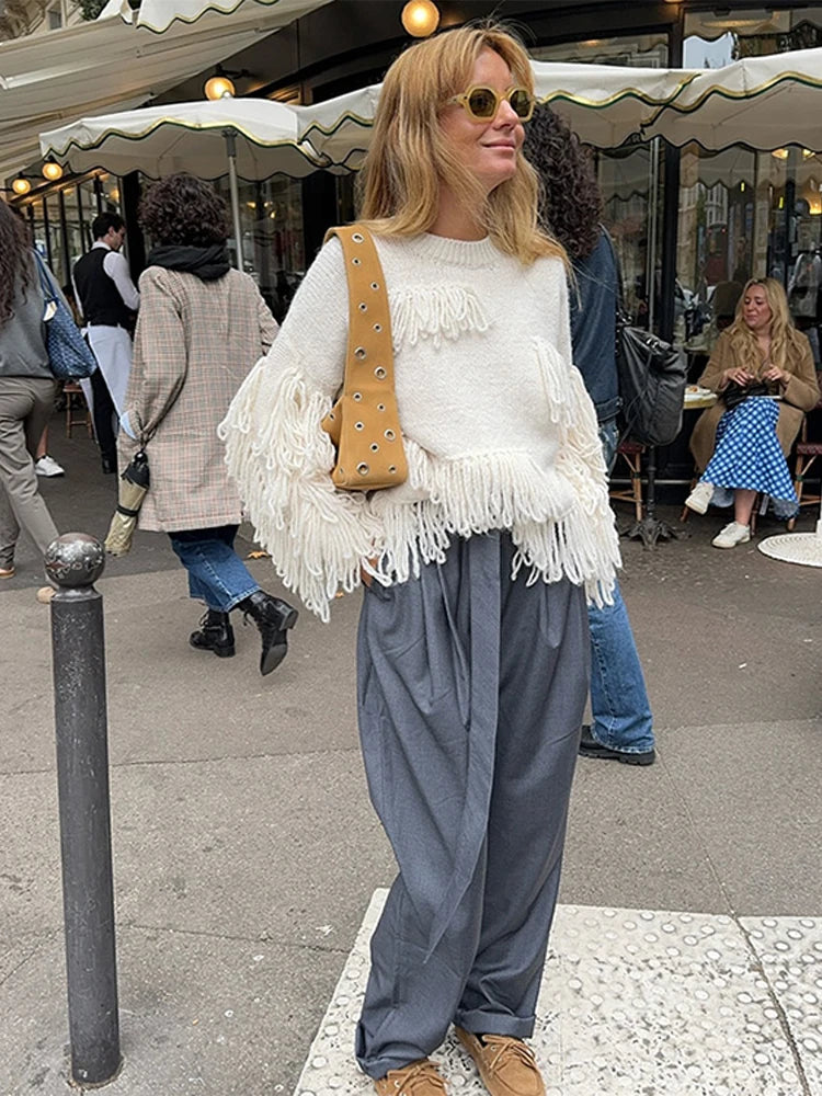 Super Sale Lunivop Knitted Tassel O-neck pullovers Sweaters Women Casual Chic Long Sleeved Sweaters For Woman Autumn Winter Solid Short Loose Tops