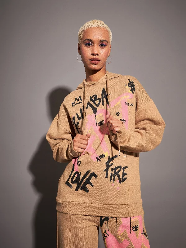 Steals and Deals activewear hoodieWomen Beige ART Printed Hoodie