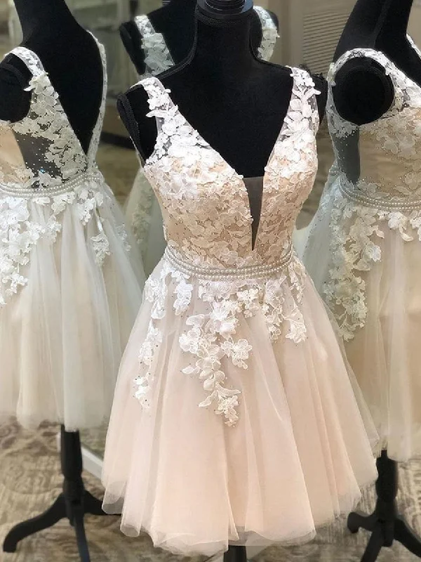 Quick Sale casual slip dresscasual slip dressV Neck Light Champagne Lace Floral Short Prom Dresses, Light Champagne Lace Formal Graduation Homecoming Dresses