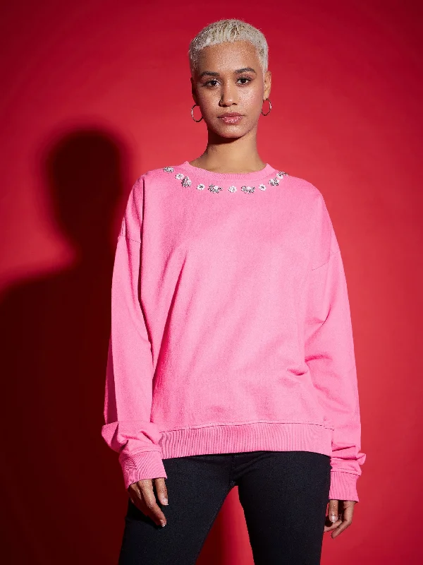 Hot Deal urban activewear hoodieWomen Pink Terry Stud Pearl Oversized Sweatshirt