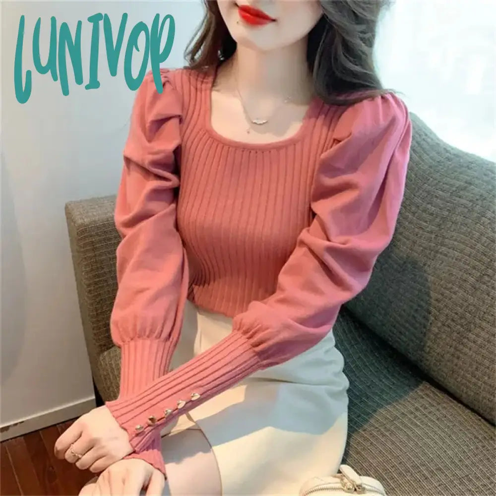 Special Buy Lunivop Autumn Winter New Women's Pullovers Commuter Square Collar Screw Thread Folds Puff Sleeve Elegant Slim Versatile Sweaters Tops