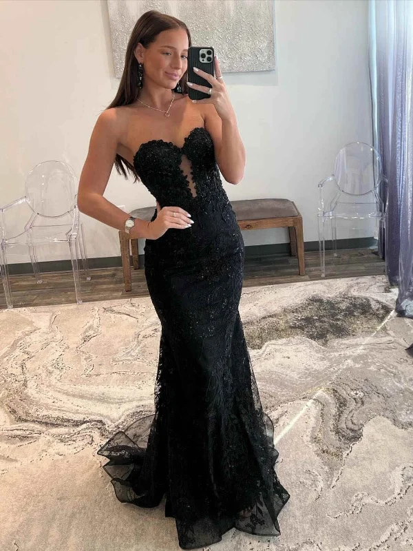 Time-Limited Offer chic shift dresschic shift dressStrapless Mermaid Black Lace Long Prom Dresses, Mermaid Black Formal Dresses, Black Lace Evening Dresses SP2842