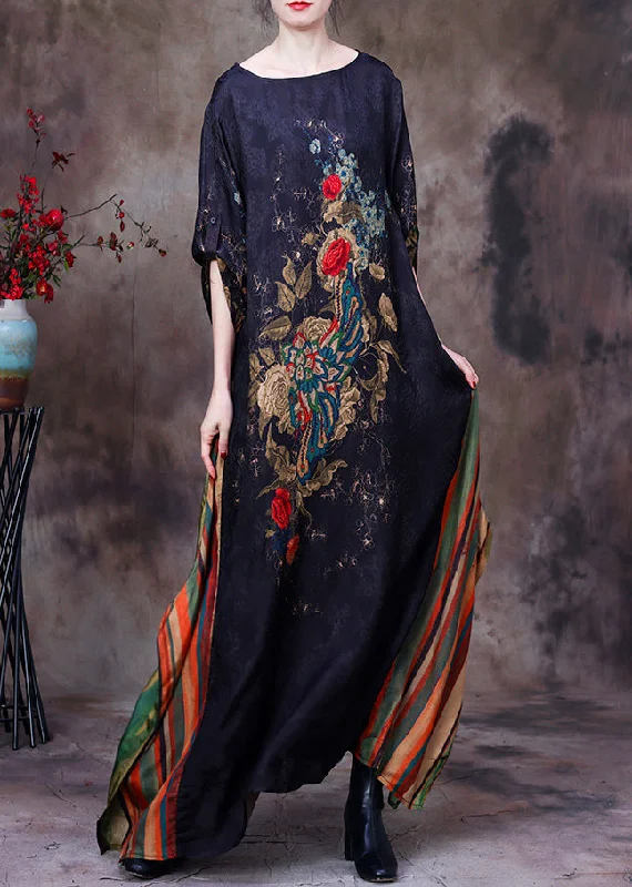 summer dressSlim Fit Black Yellow Colour O-Neck Print Patchwork Silk Maxi Dress Long Sleeve