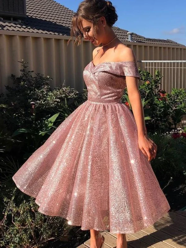 One-DAY Sale relaxed fit dressrelaxed fit dressShiny Off Shoulder Knee Length Rose Pink Prom Dresses, Sparkly Pink Formal Graduation Homecoming Dresses