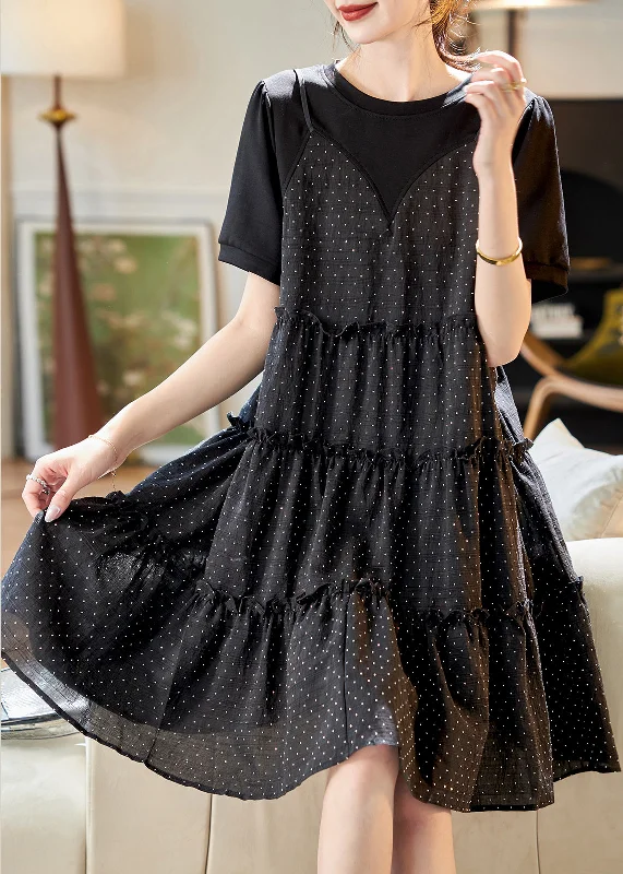 trendy dressUnique Black O-Neck Patchwork Dot Print Fake Two Pieces Chiffon Mid Dresses Summer