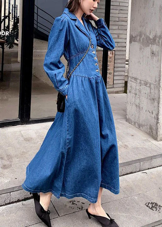 chic slip dressStylish Denim Blue Cinched Patchwork Elastic Waist Long Dresses Spring