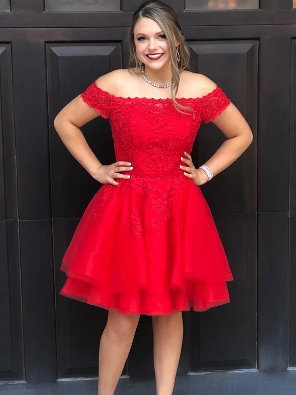 Super Sale tiered dresstiered dressOff the Shoulder Layered Red Lace Short Prom Homecoming Dresses, Off Shoulder Red Formal Dresses, Red Lace Evening Dresses SP2070