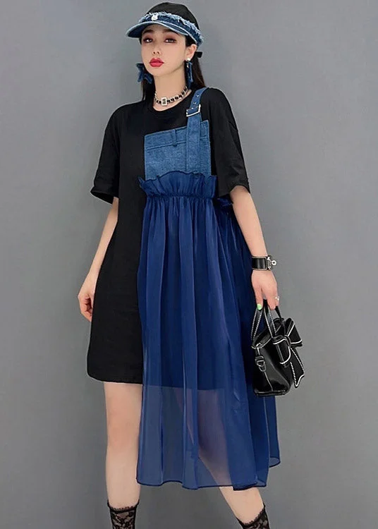 draped dressBlue asymmetrical Denim Tulle Patchwork Dresses Short Sleeve