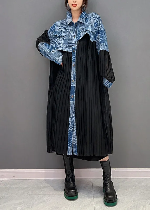 Unmissable Offer sleek dresssleek dressArt Black Peter Pan Collar Denim Fabric Patchwork Silk Dresses Spring