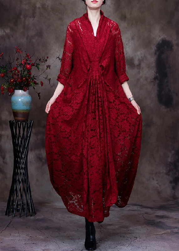 textured dressItalian Red V Neck Asymmetrical Patchwork Lace Maxi Dresses Long Sleeve