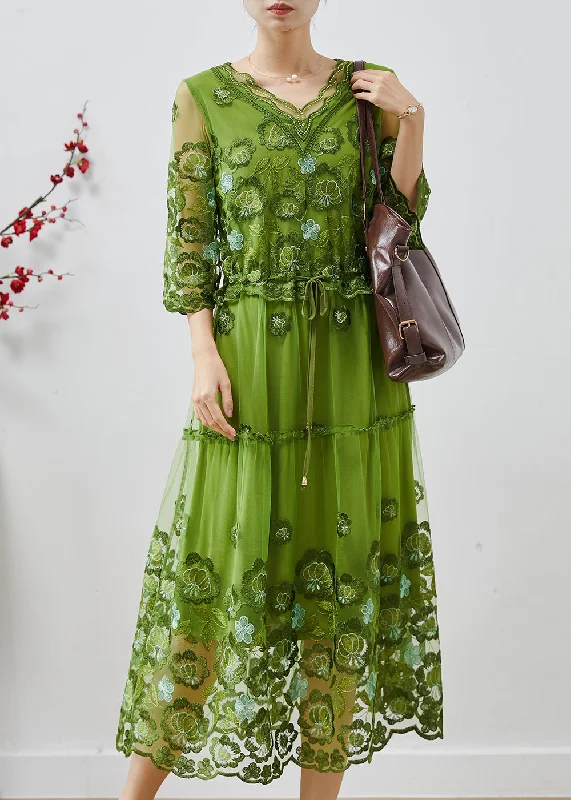 formal dressWomen Green Embroidered Tulle Cinched Dress Summer