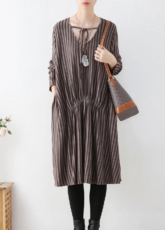 lace-up dressOrganic Chocolate V Neck Striped Knitted Cotton Thread Maxi Dress Fall