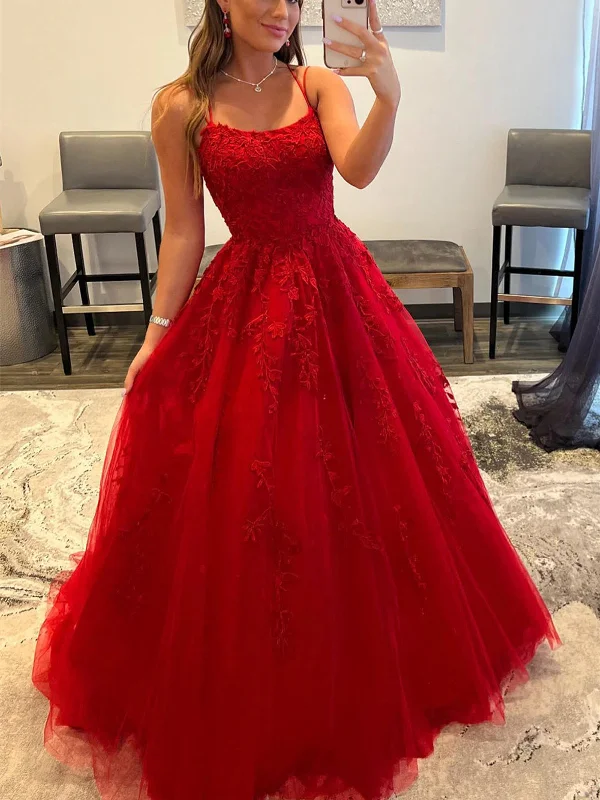 Anniversary Sale form-fitting dressform-fitting dressBackless Red Tulle Lace Long Prom Dresses, Red Lace Formal Evening Dresses, Red Ball Gown SP2399