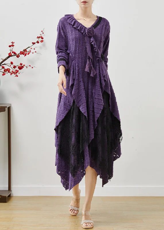 sleek dressElegant Lavender Asymmetrical Floral Cotton Long Dresses Fall